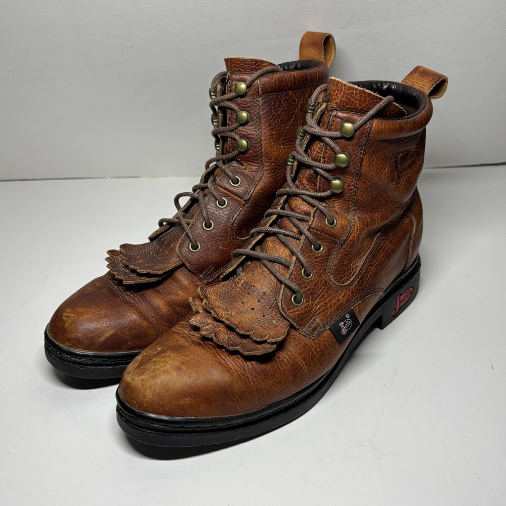 Justin Lace Up Work Boots Mens 9.5 D Brown Leather Kiltie 902 Rugged *Toe Dent*